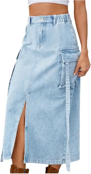 Women Elastic Waist Slits Denim Skirts Sexy Slim Washing Cargo Long Wrap Buttocks Jeans Skirts