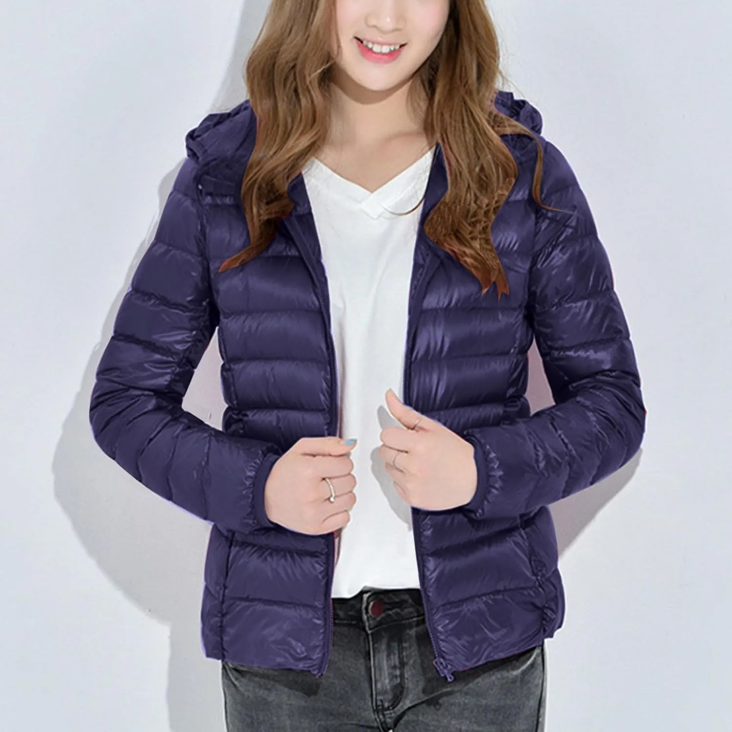 Women's Winter Warm Coats Packable Solid Hooded Zipper Down Jacket Insulated Lightweight Short Puffer Coats