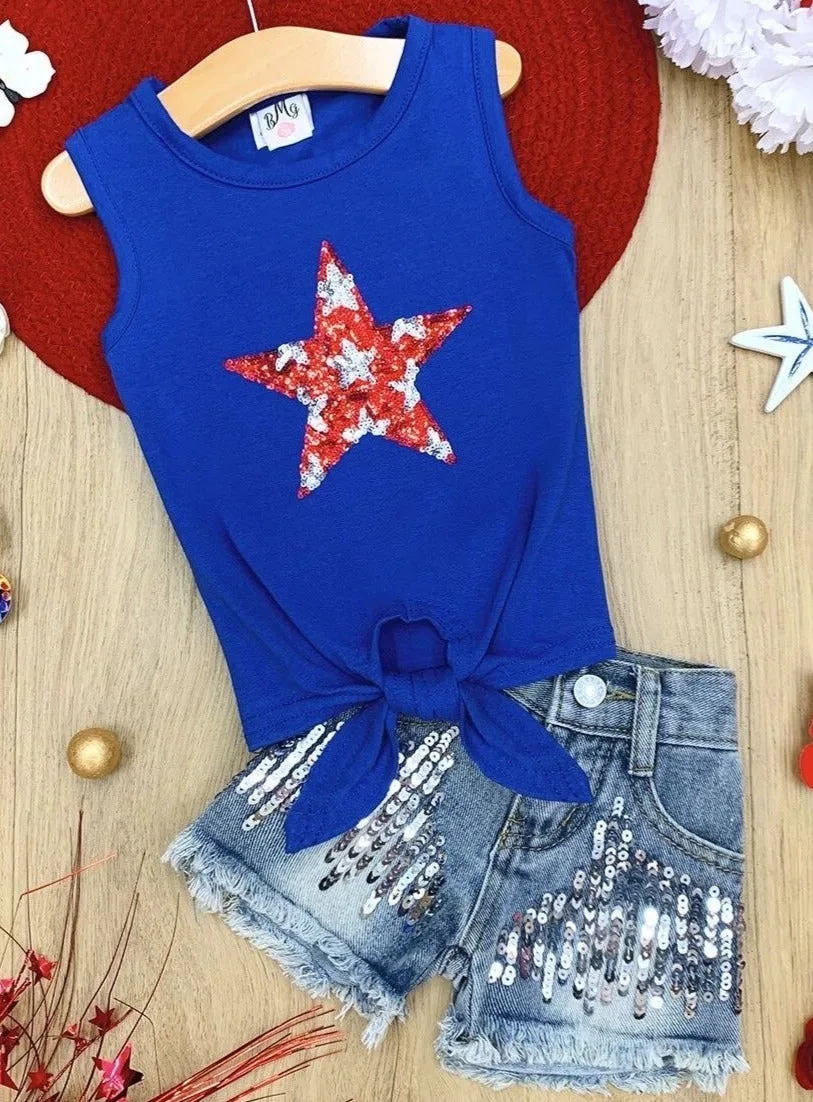 You're A Star Sparkle Sequin Top And Denim Short Set